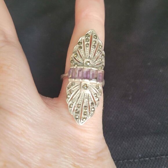 925 Sterling Silver Vintage/Antique (?) Amethyst & Marcasite Art Deco Style Ring - Picture 3 of 5
